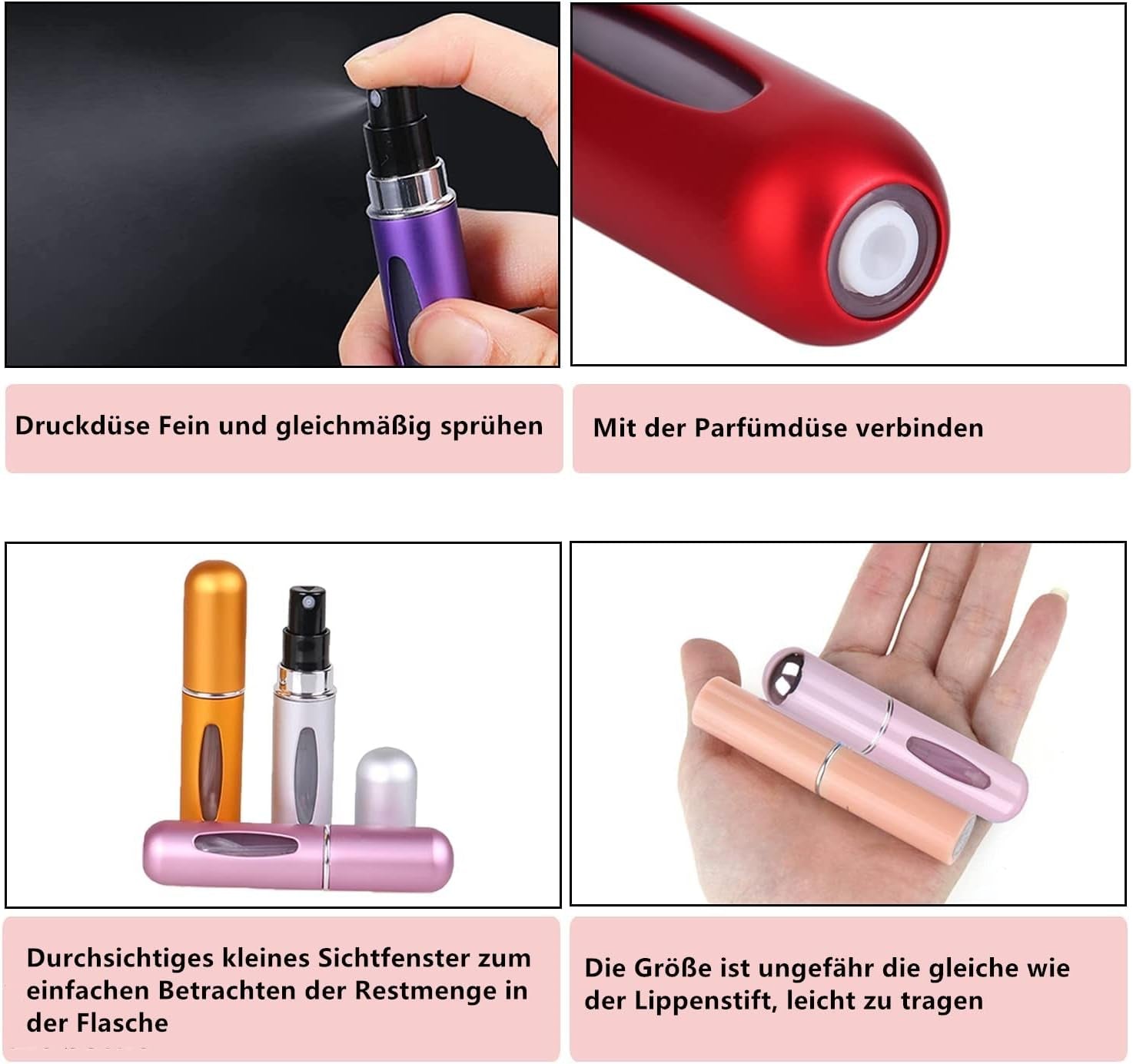 4 X 5 Ml Perfume Atomiser, Portable Pump Type Metal Refillable Perfume Bottle, Perfume Atomiser Refillable - Mini Pocket Atomiser (Black, Silver, Pink, Gold))