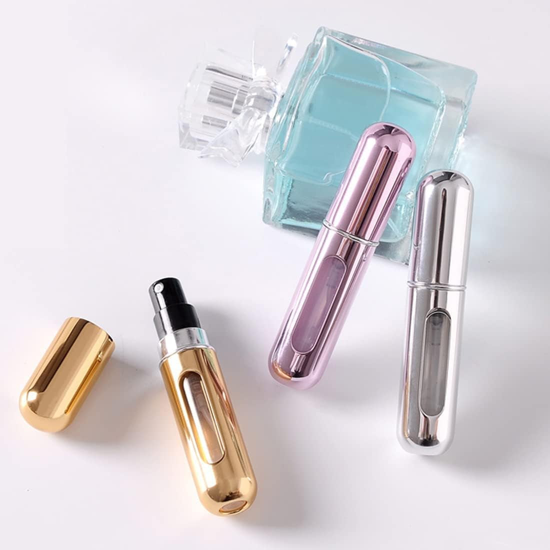 4 X 5 Ml Perfume Atomiser, Portable Pump Type Metal Refillable Perfume Bottle, Perfume Atomiser Refillable - Mini Pocket Atomiser (Black, Silver, Pink, Gold))